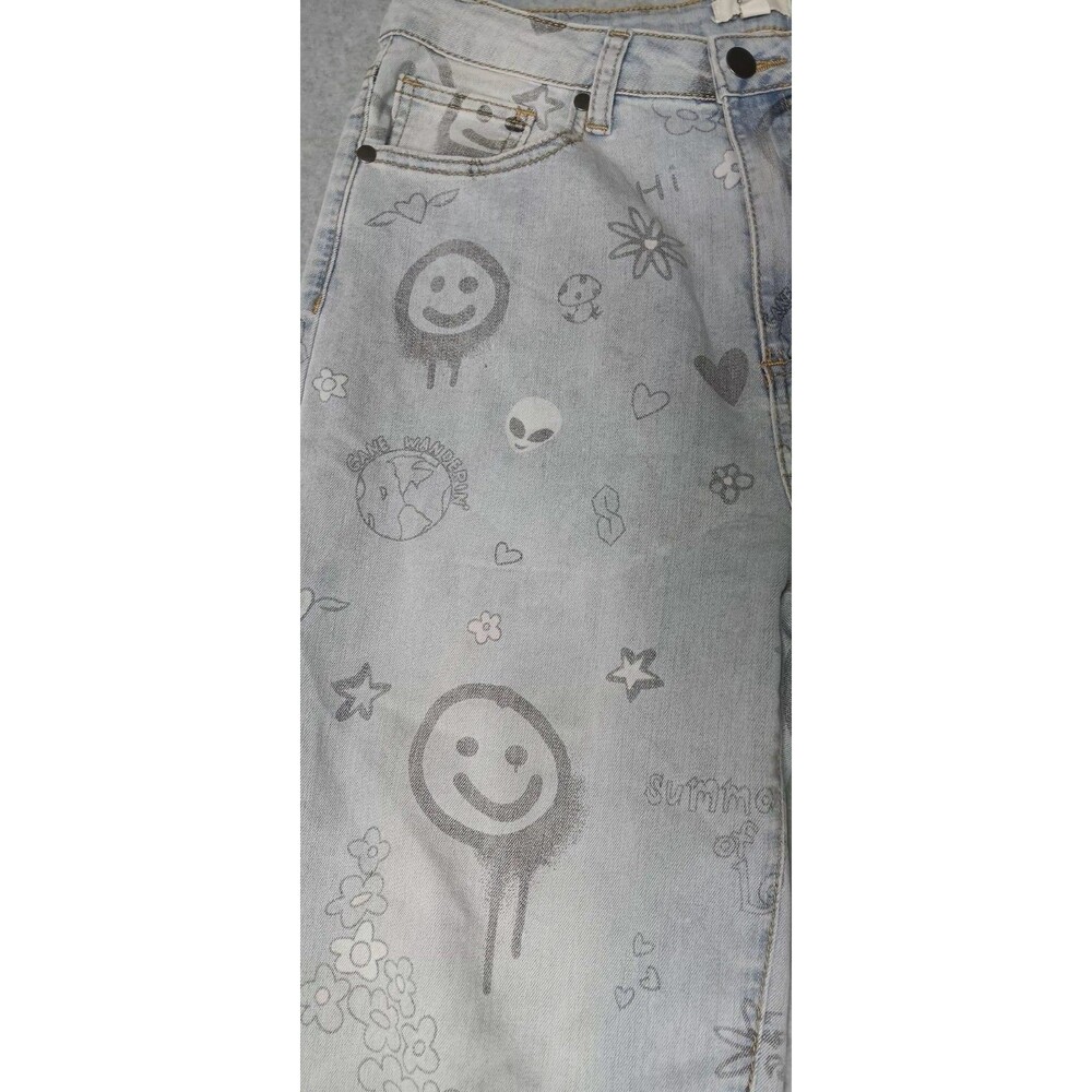 Easel Anthropologie Wide Leg Graffiti Pants Womens M Light Wash Blue Y2K Retro - Picture 5 of 13
